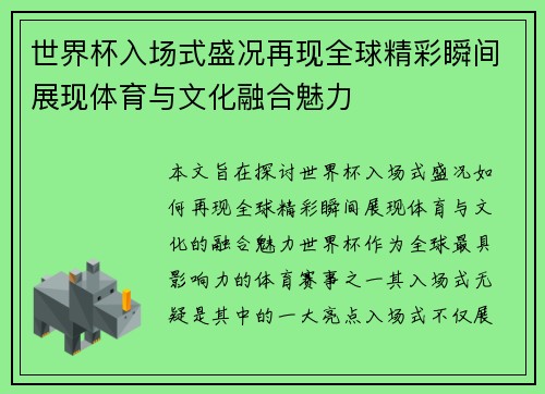 世界杯入场式盛况再现全球精彩瞬间展现体育与文化融合魅力