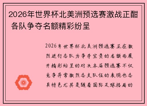 2026年世界杯北美洲预选赛激战正酣 各队争夺名额精彩纷呈