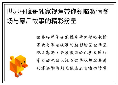 世界杯峰哥独家视角带你领略激情赛场与幕后故事的精彩纷呈