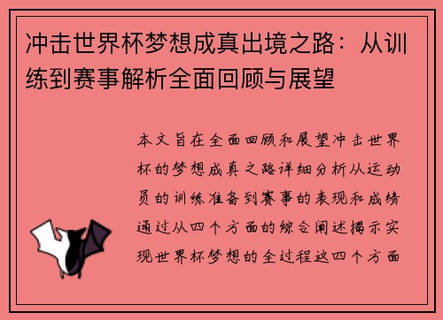 冲击世界杯梦想成真出境之路：从训练到赛事解析全面回顾与展望