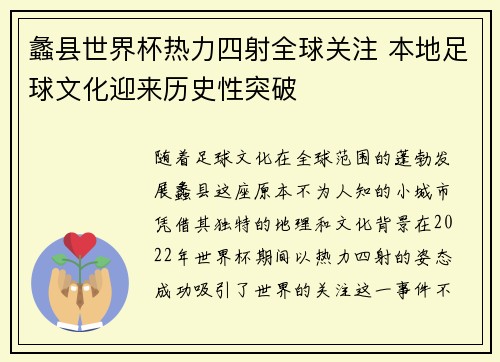 蠡县世界杯热力四射全球关注 本地足球文化迎来历史性突破
